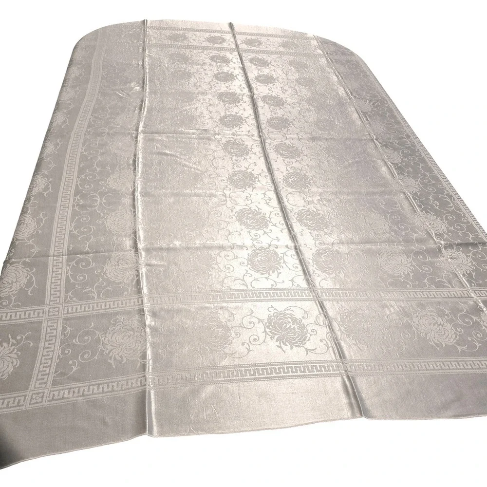White Damask Floral Greek Key Rectangular Tablecloth 65x52 Formal Dining Elegant